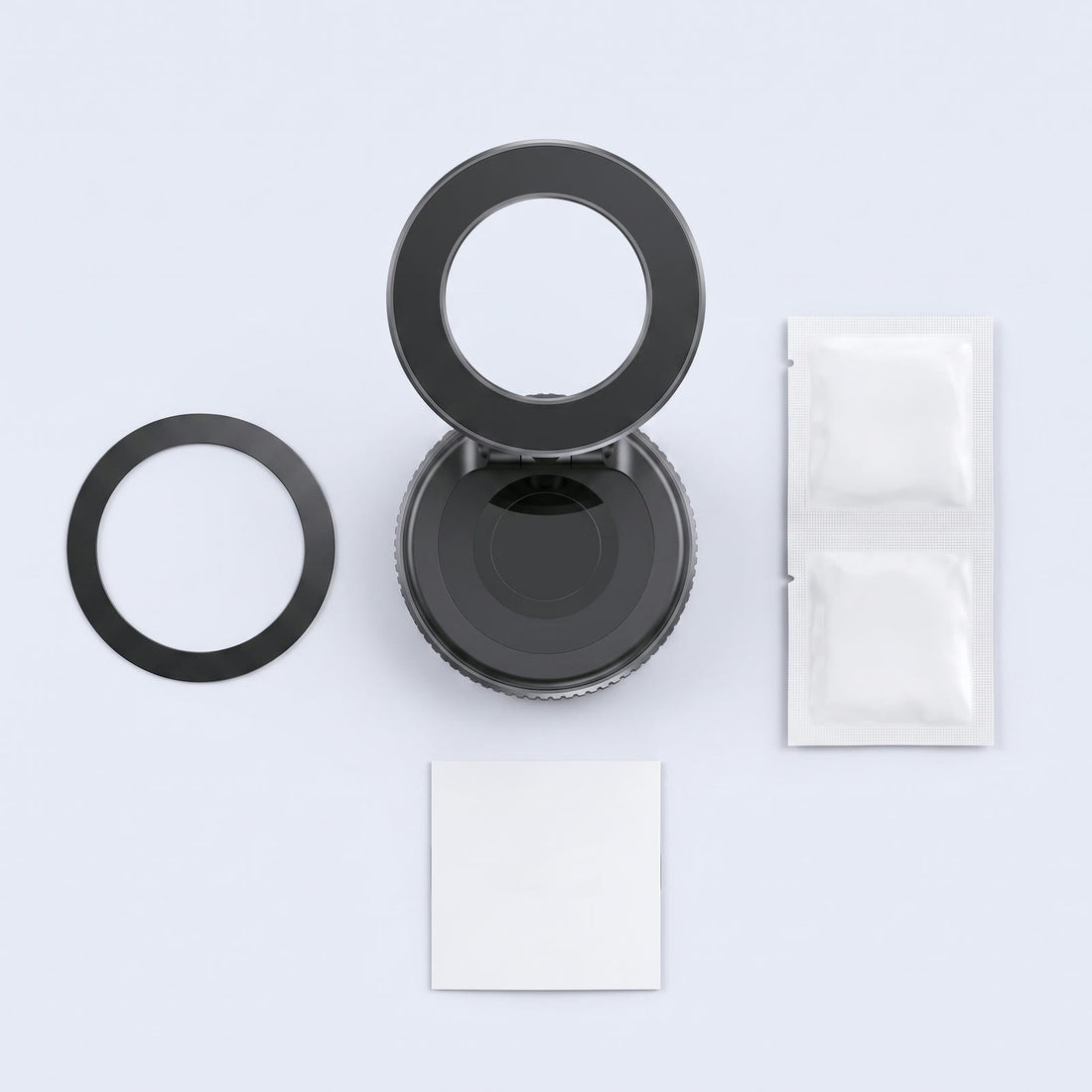 Contenido de la caja Anclero: soporte, anillo metalico, toallitas e instrucciones