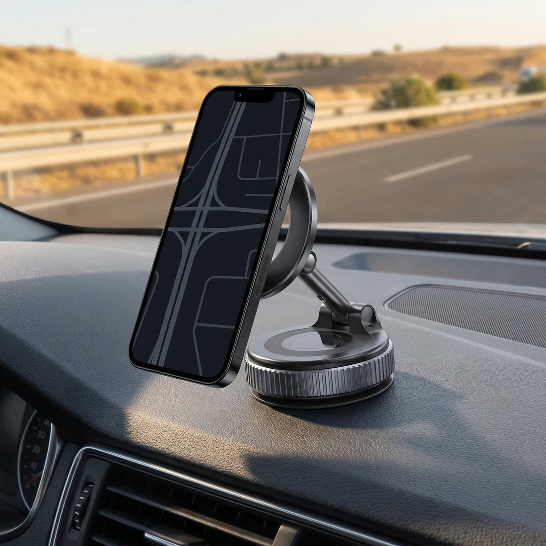 Soporte Anclero con el movil sujeto al salpicadero en una autovia